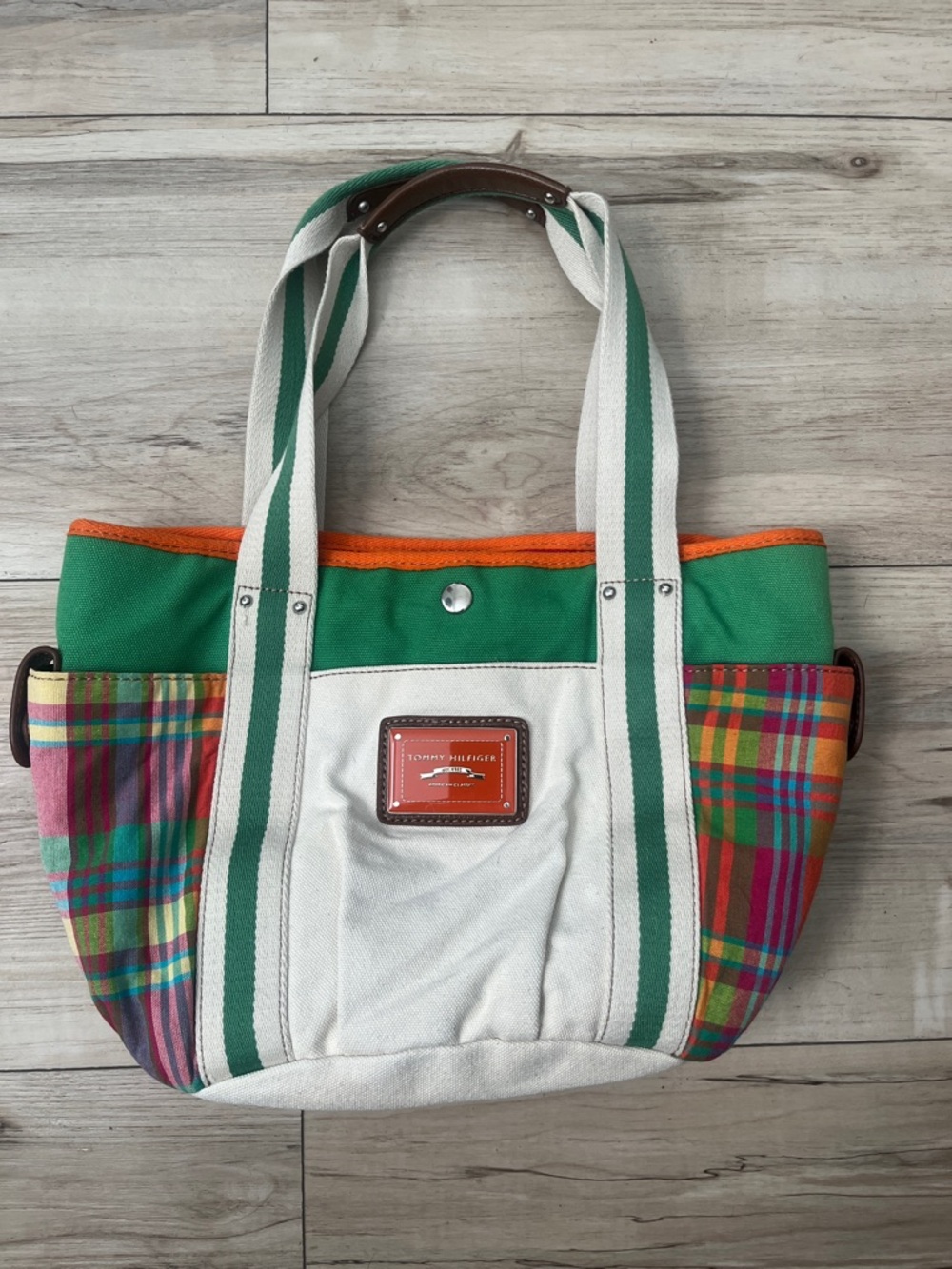 Y2K Tommy Hilfiger Green, White & Multi-Color Plaid Canvas Tote plaid summer